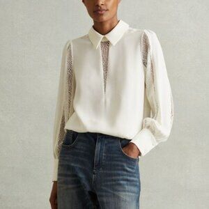 Reiss Cream Renata Lace Insert Blouse | S | Cream